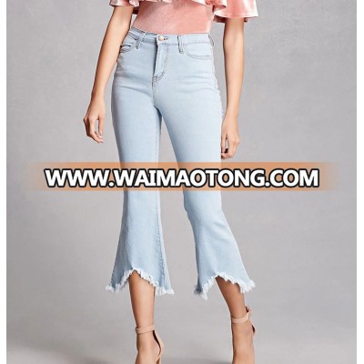 New fashion women cropped flare jeans pants with frayed hem girls Frayed Flared Jeans