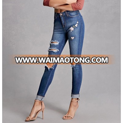 New Arrival Embroidered Ripped Washed Skinny Women's jeans