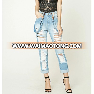 2018 new style fashion women jeans women's sex distressed suspender jeans